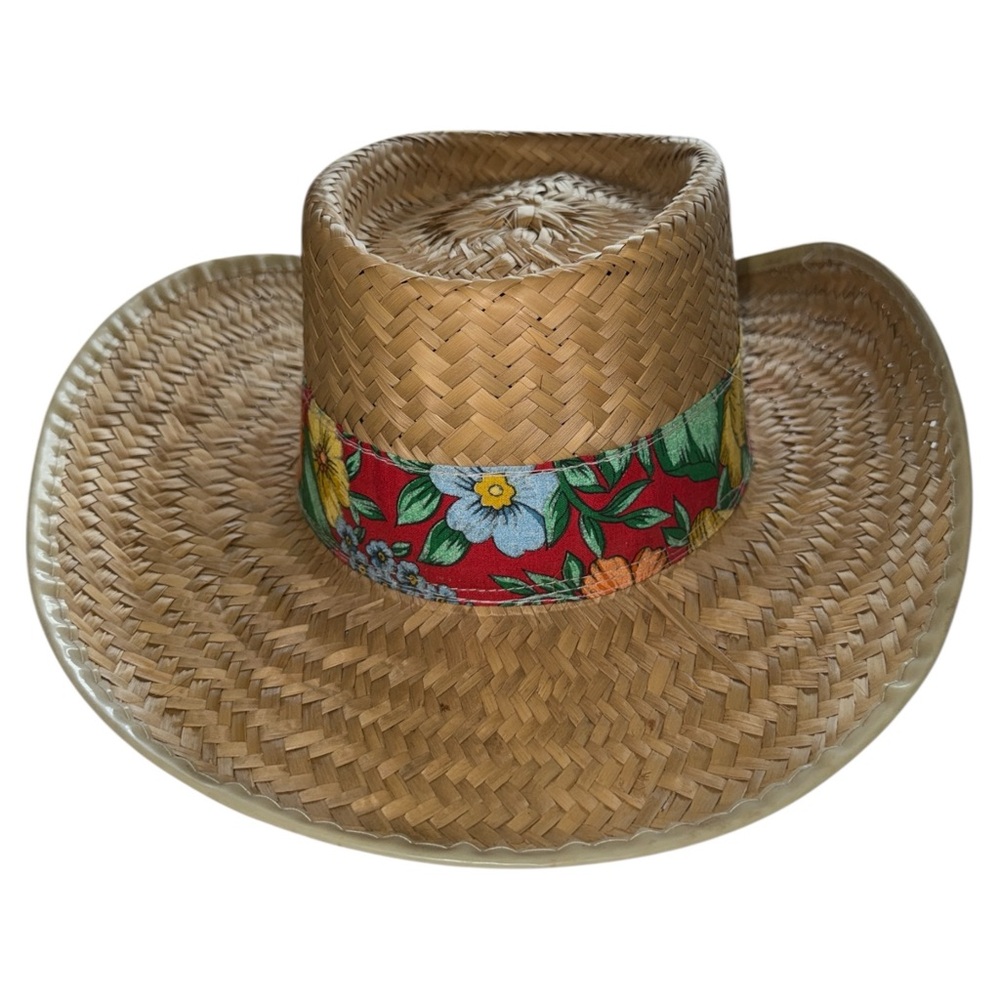 Vintage Woven Straw Sun Cowboy Hat Floral Band Western Boho Style‎ Beach
